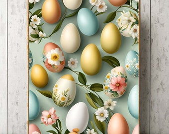 Coloridos huevos de Pascua pared arte impresión feliz pastel blanco amarillo Aqua colores flores flores silvestres Sprint cartel decoración decoración del hogar EST30