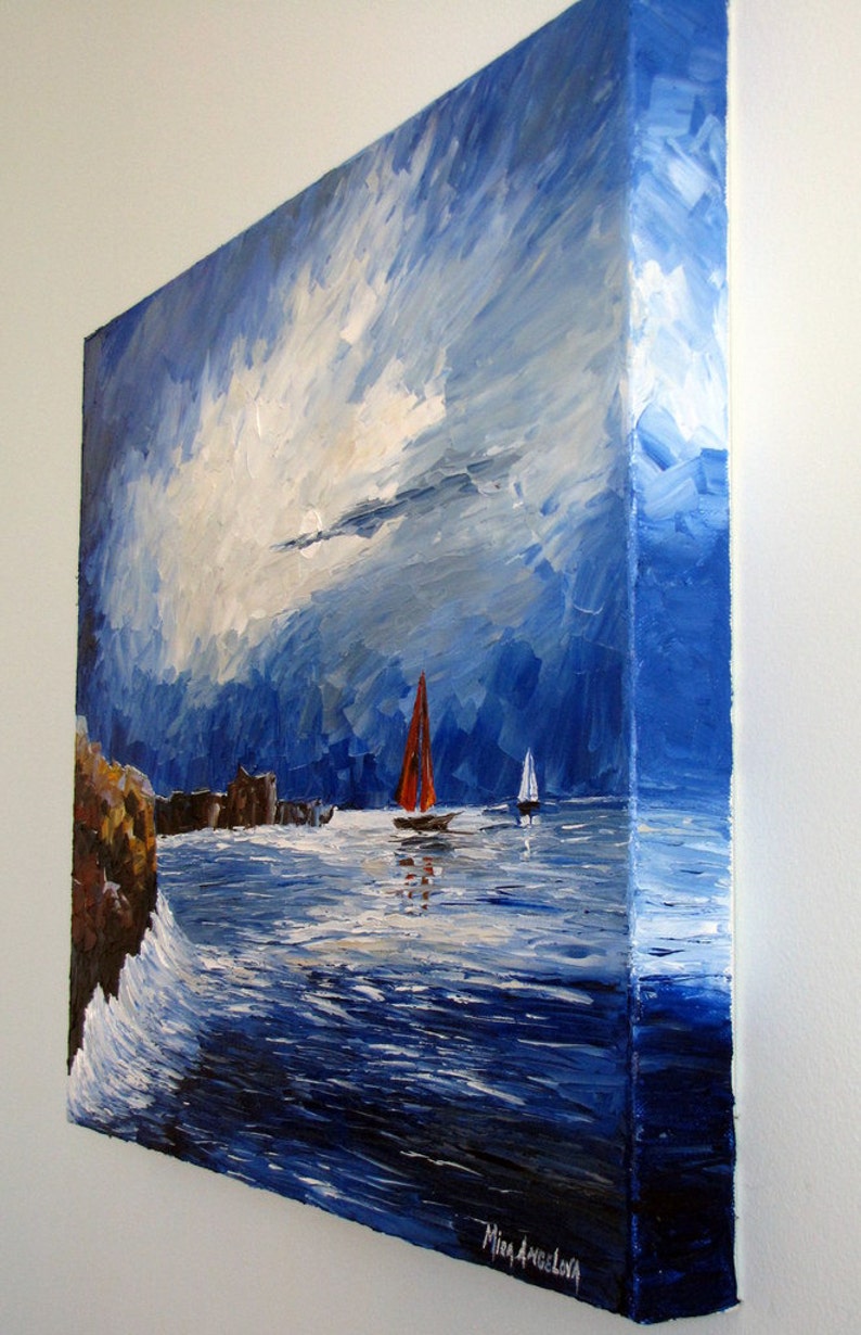 ORIGINAL Oil Painting Modern Palette Knife Seascape Sailing With the