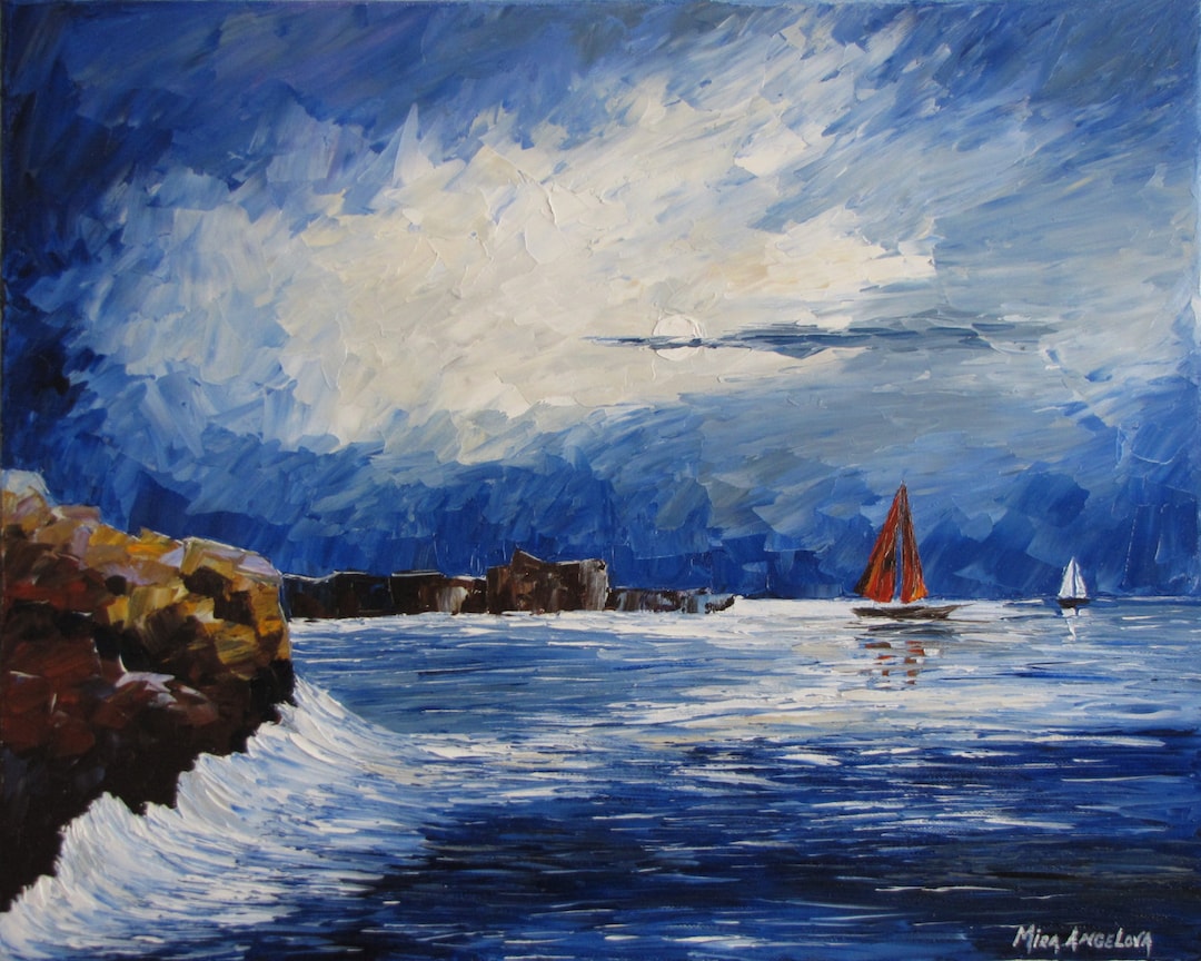 ORIGINAL Oil Painting Modern Palette Knife Seascape Sailing With the