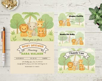 Safari Baby Shower Invitation Set | Jungle Animal Baby Shower Bundle | Editable Lion, Elephant  | Instant Download | Neutral or Boy Shower