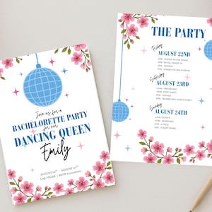 Invitation d&#39;enterrement de vie de jeune fille | Mamma Mia, la reine de la danse | Itinéraire pour un enterrement de vie de jeune fille | Modèle de toile modifiable | Invitation discothèque | Téléchargement instantané