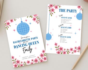 Uitnodiging vrijgezellenfeest | Mamma Mia Dancing Queen | Routebeschrijving vrijgezellenfeest | Bewerkbare canvassjabloon | Disco-uitnodiging | Direct downloaden