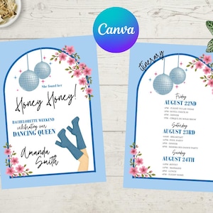 Invitation d&#39;enterrement de vie de jeune fille | Mamma Mia, la reine de la danse | Itinéraire pour un enterrement de vie de jeune fille | Modèle de toile modifiable | Invitation discothèque | Téléchargement instantané