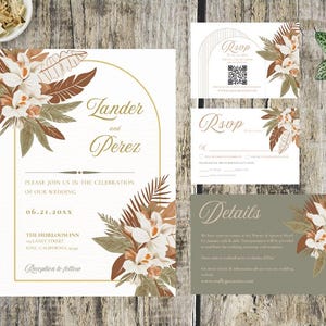 Boho Pampas Wedding Invitation Set | Printable Arch Wedding Invitation Template, Terracotta, Rust, Editable Invitation, Floral