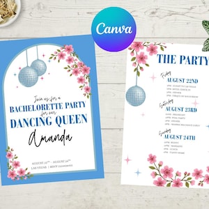 Invitation d&#39;enterrement de vie de jeune fille | Mamma Mia, la reine de la danse | Itinéraire pour un enterrement de vie de jeune fille | Modèle de toile modifiable | Invitation discothèque | Téléchargement instantané