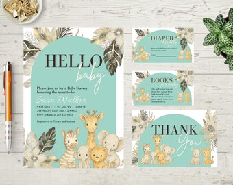 Editable Boho Safari Baby Shower Invitation Set | Neutral Jungle Baby Animals | Canva Template | Diaper Raffle, Books for Baby, Thank You