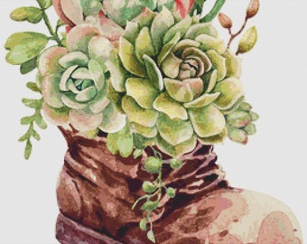 Succulents in a Boot PDF Cross Stitch Pattern