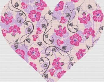 Purple and Pink Floral Heart PDF Cross Stitch Pattern