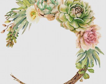 Succulents on a Vine Wreath PDF Cross Stitch Pattern