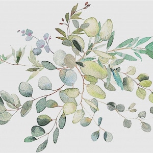 May include: Watercolor painting of a bouquet of green eucalyptus leaves and branches with small blue flowers.
