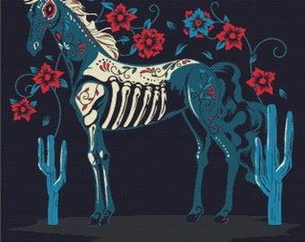 Blue Day of the Dead Horse PDF Cross Stitch Pattern