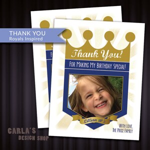 Royals Baseball compleanno stampabile corona blu ringrazio carta - 4 su un Layout di pagina