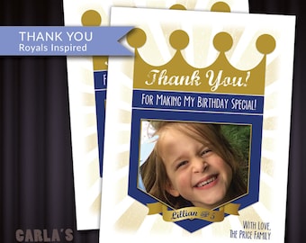 Royals Birthday Baseball PRINTABLE Blue Crown Thank You Card - 4 on a Page Layout