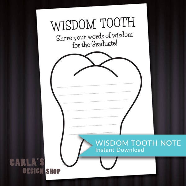 Wisdom Tooth DIY Graduation Advice Note Card | Fun for your dental or hygienist grad party!- PRINTABLE 2 on a Page Layout Instant Download