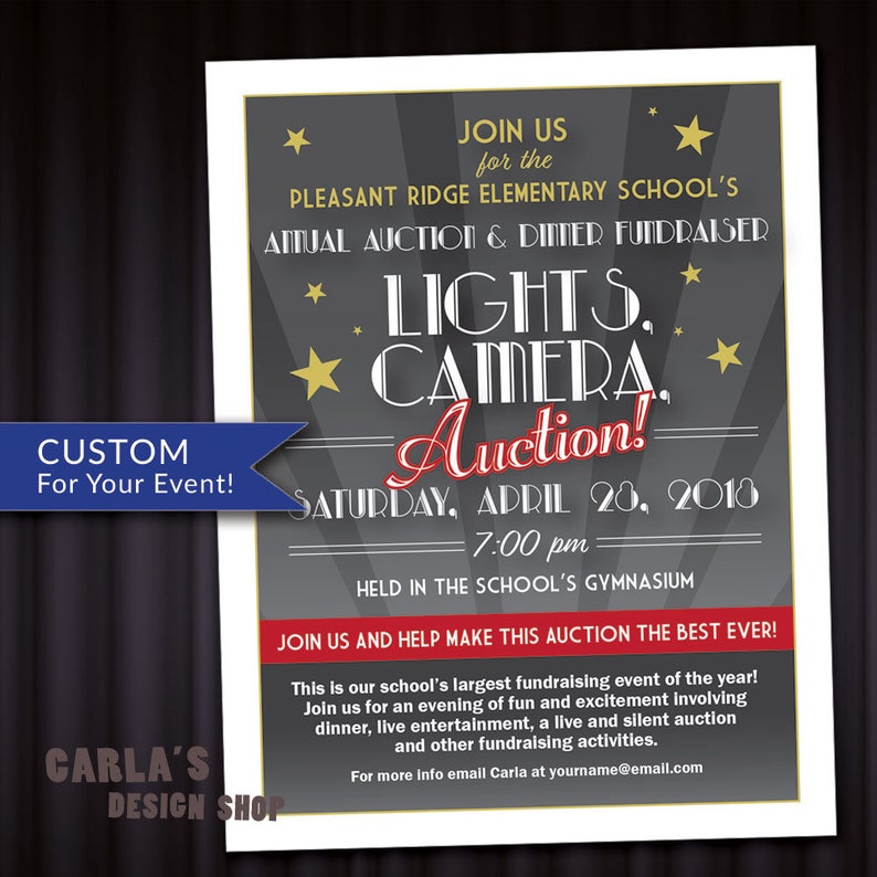 Lights Camera Auction Movie and Cinema Theme PRINTABLE Invitation with Lighting Effect & Stars Theater Invitation JPG or PDF File image 2