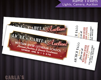 Lights, Camera, Auction! Printable RAFFLE TICKET Fundraiser, Fit 10 on a Page, DIY Contest and Event Tickets | Movie Theater Design