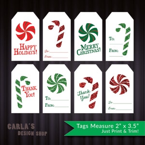 Happy Holidays, Merry Christmas, Thank You & To/From Gift Tags Instant Download - JPG or PDF file!  Peppermint and Candy Cane Glitter Design