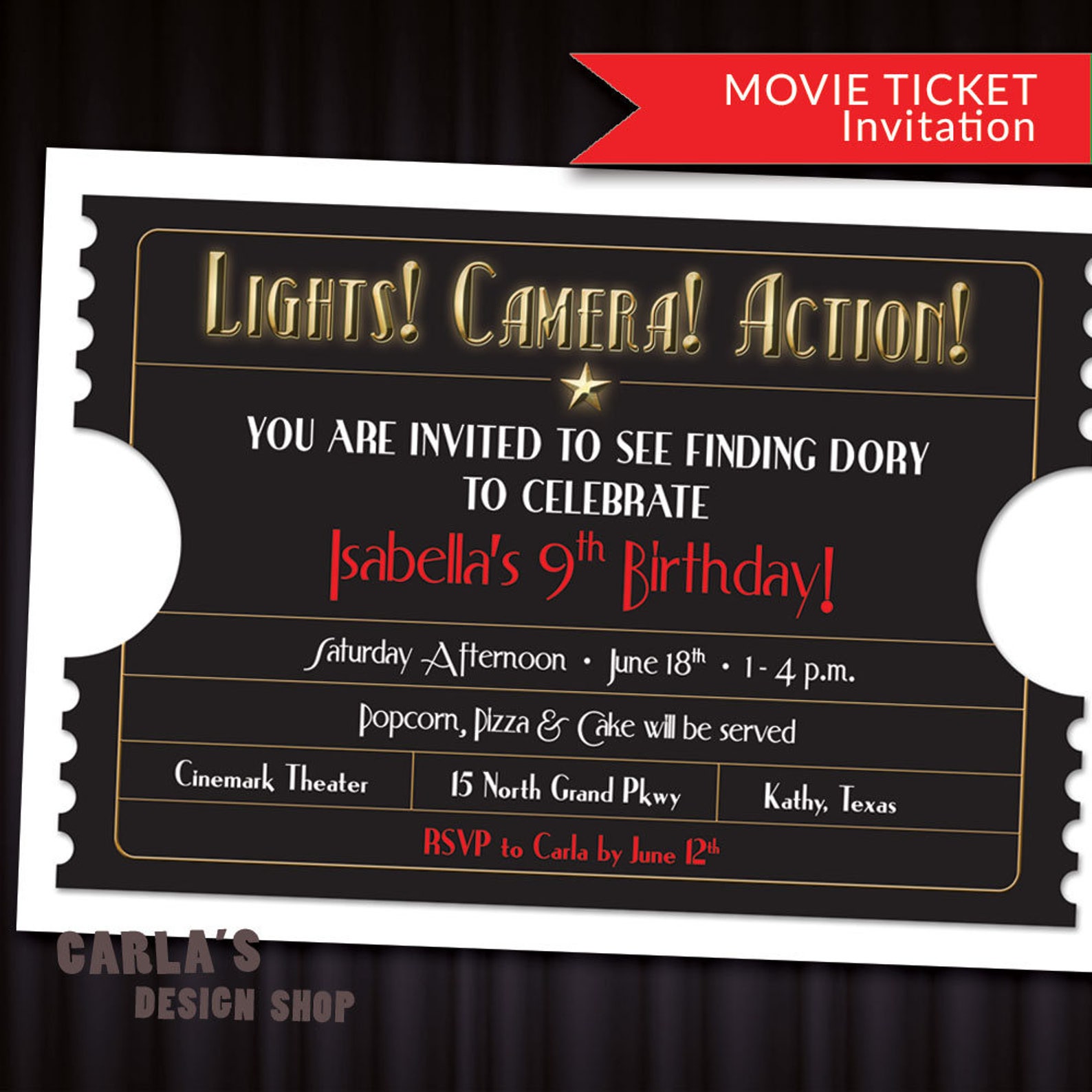 Lights Camera Action Movie Ticket PRINTABLE Invitation With Gold Effect