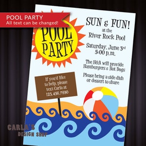 Soleil et l’amusement piscine Splash Party Cour barbecue pique-nique quartier HOA été Block Party Invitation imprimable bricolage | Ballon de plage et de Design de vagues