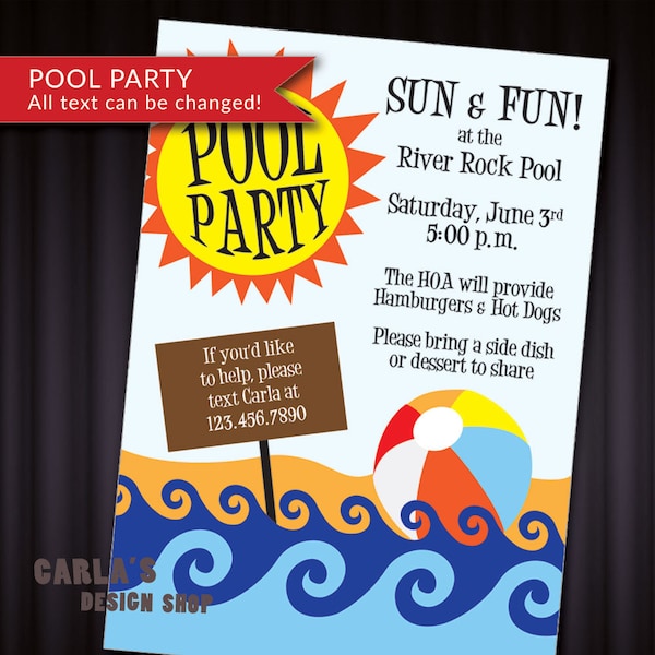 Sun and Fun Pool Splash Party Backyard BBQ Picnic Neighborhood HOA Summer Block Party DIY Printable Invitation | Beach Ball and Waves Design