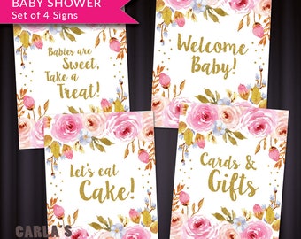 Baby Girl Shower Signs Instant Download | JPG & PDF | Floral and Dot Design with Gold Glitter Effect | Baby Girl Party Table Signs