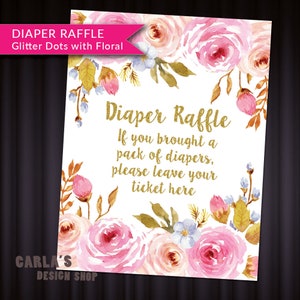 Windel Tombola Tickets und Zeichen Sofort Download | JPG & PDF | Blumen- und Punkte-Design mit Gold-Glitzer-Effekt | Baby Mädchen Dusche