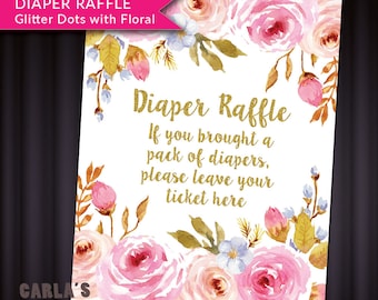 Diaper Raffle Tickets and Sign Instant Download | JPG & PDF | Floral and Dot Design with Gold Glitter Effect | Baby Girl Shower