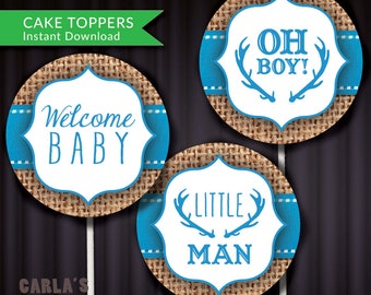 Oh Boy! Welcome Baby and Little Man Antler Design with Burlap Background | Cupcake Toppers or Stickers 2" Circle | Printable PDF & JPG Files