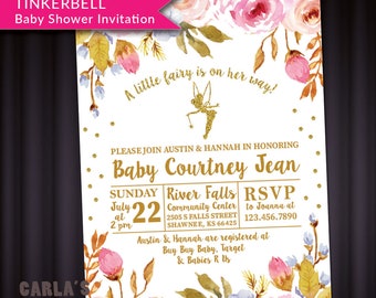 Fairy and Floral Theme Baby Shower Invitation with Tinkerbell | PRINTABLE with Glitter Effect | JPG or PDF File | Baby Girl