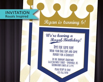 Royals Baseball PRINTABLE Birthday Invitation BLUE & GOLD Crown Design Fun for a Child's Party or World Series Get-Together!