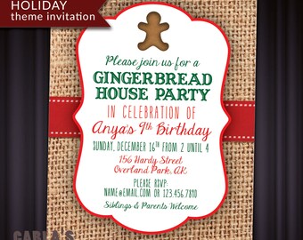 Christmas and Holiday Invitation with Gingerbread and Red + Green Theme | PRINTABLE with Burlap and Red Ribbon Background | JPG or PDF File