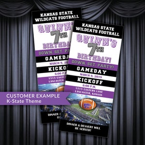 May include: Purple and black ticket invitation for a 7th birthday party with a Kansas State Wildcats football theme. The invitation features a football field, a football, and the text "Quinn's 7th Birthday! Down. Set. Party! Gameday March 9, 2019 Kickoff 6:00 p.m. 1515 Eastern Lane Lancaster, Kansas".
