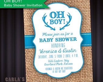 Oh Boy Baby Shower Invitation with Antlers and Ribbon Theme | PRINTABLE with Burlap Background | JPG or PDF File | Baby Boy