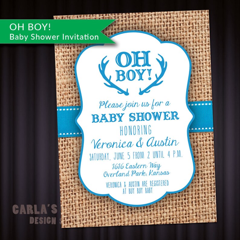 Oh Boy Baby Shower Invitation With Antlers And Ribbon Theme Etsy