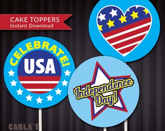 Independence Day, Celebrate USA and Patriotic Heart Cupcake Toppers Stickers 2" Circle DIY Instant Download Printable PDF File