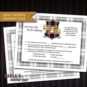 RSVP imprimable ou une carte de don pour la vente aux enchères et levées de fonds | Golf avec bordure à carreaux & Crest/bouclier Design | Carte de réponse bricolage