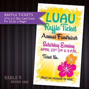 Hawaii tropischen Thema Luau gelbe Hibiskus druckbare Tombola TICKET Fundraiser Visitenkartengröße, passen 10 auf einer Seite, DIY Contest Tickets
