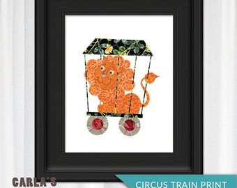 Circus Animal Train Series LION in Cage Art Print PRINTABLE | Fun Nursery Baby Room or Playroom Decor