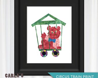 Circus Animal Train Series BEAR in Cage Art Print PRINTABLE | Fun Nursery Baby Room or Playroom Decor