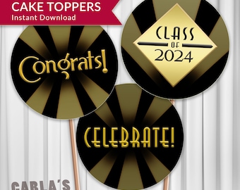 Class of 2024 Gold and Black Art Deco Graduation Cupcake Toppers Stickers Labels, 2" Circle DIY Instant Download Printable JPG & PDF Files