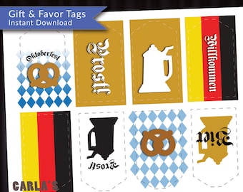 Prost, Oktoberfest, Willkommen Tags Instant Download - JPG or PDF!  German Inspired Designs with Flag and Bavarian Check with Pretzel