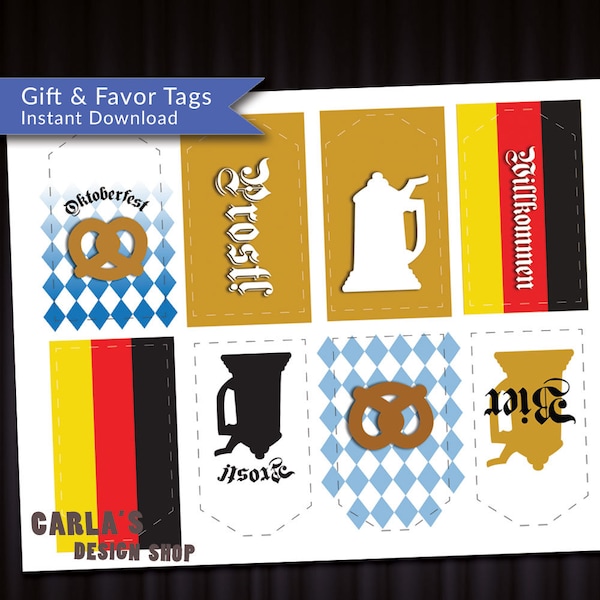 Prost, Oktoberfest, Willkommen Tags Instant Download - JPG or PDF!  German Inspired Designs with Flag and Bavarian Check with Pretzel