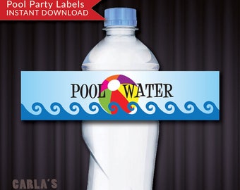 Pool Water Bottle Label | Fun Beach Ball and Waves Design | DIY Label POOL WATER