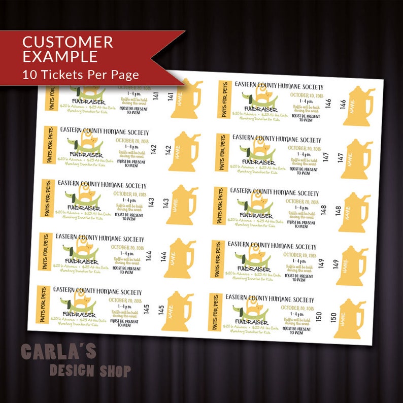NUMBERED Raffle Tickets for Your Fundraiser Custom for Your Event Use