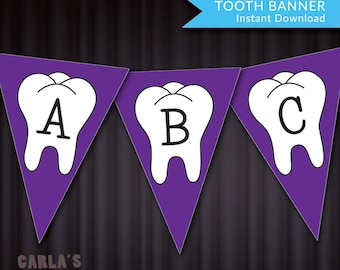 DIY Tooth Banner with PURPLE Background!  Instant Download Printable PDF File - Includes All Alphabet + Numbers!  Customize for your Event!