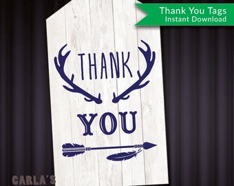 Thank You Tags Instant Download - JPG or PDF!  Wooden Background with Antler and Arrow Design!