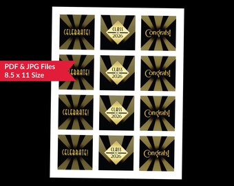 2026 Graduation Cupcake Toppers, Art Deco Gold Black (Printable PDF & JPG)