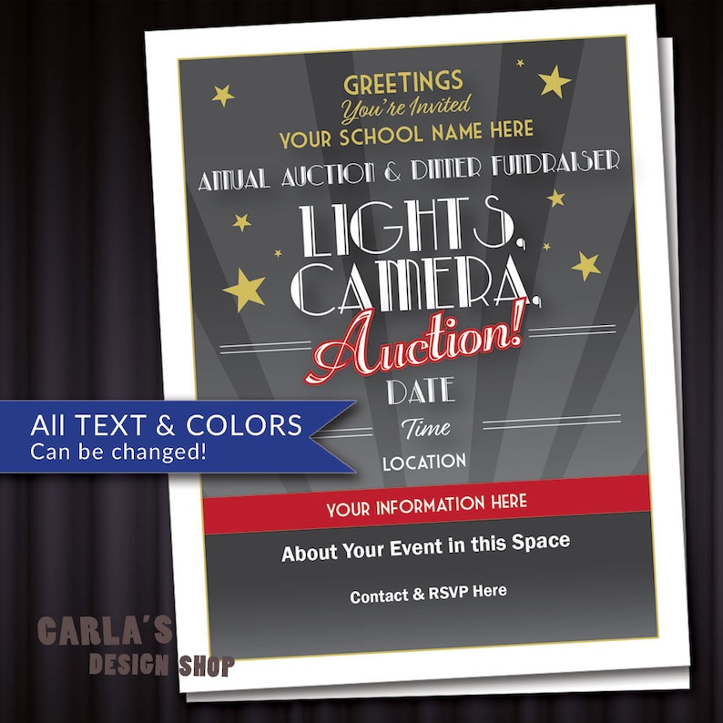 Lights Camera Auction Movie and Cinema Theme PRINTABLE Invitation with Lighting Effect & Stars Theater Invitation JPG or PDF File image 3