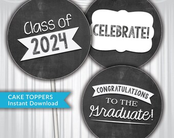 Class of 2024 Chalkboard Graduation Commencement Cupcake Toppers Stickers 2" Circle Labels DIY Instant Download Printable PDF or JPG