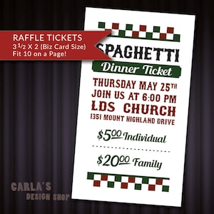 Spaghetti maat Feed afdrukbare loterij TICKET Fundraiser visitekaartje, 10 op een pagina, DIY wedstrijd Tickets